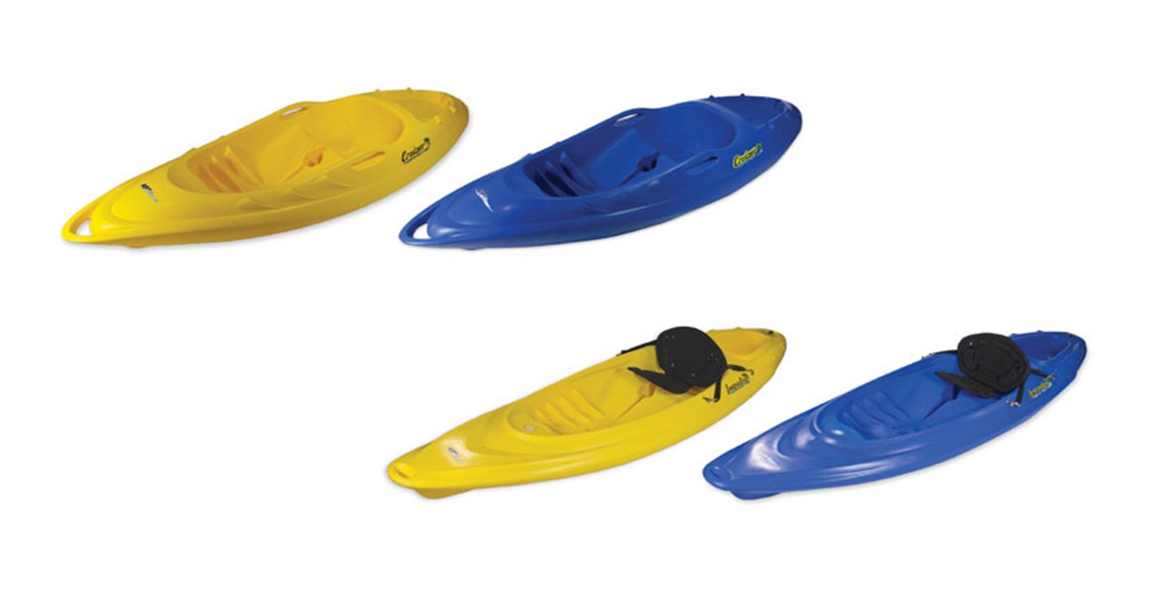 Blue and yellow wave kayaks